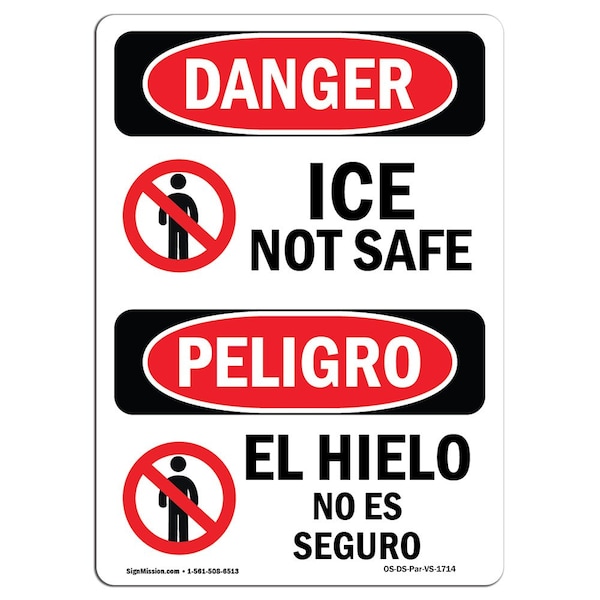 OSHA Sign, Ice Not Safe Bilingual, 5in X 3.5in Decal, 10PK, 3.5" W, 5" L, Bilingual Spanish, PK10